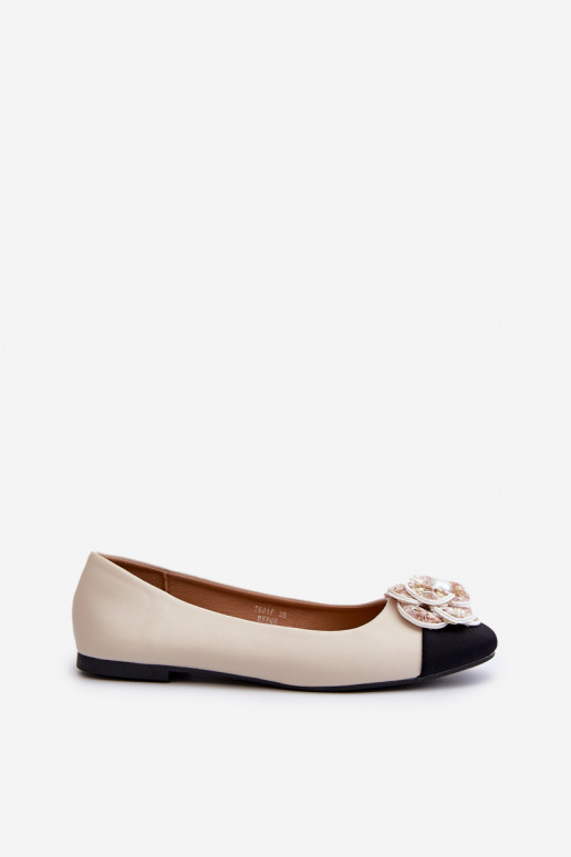 Women's Ballerina Flats in Beige Eco Leather with Decorative Detail Divinella