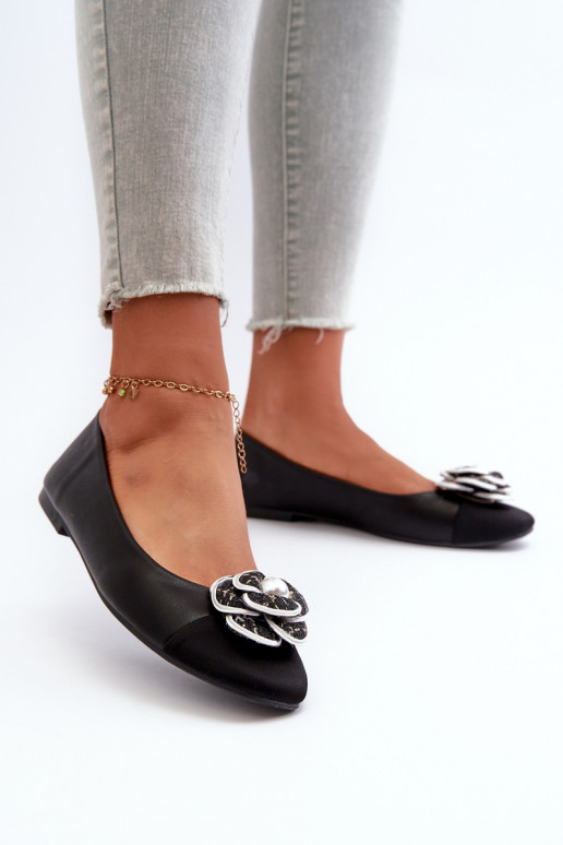 Women's Eco Leather Ballerina Flats with Decorative Detail Black Divinella
