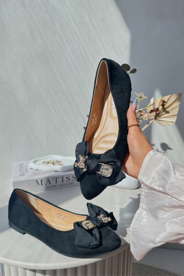 Women's Eco-Suede Ballerina Flats with Bow and Brooch Black Satris 2