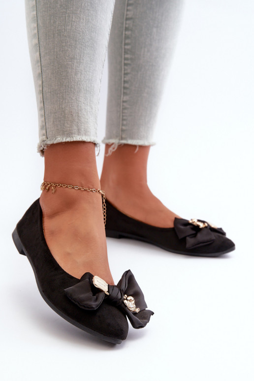 Women's Eco-Suede Ballerina Flats with Bow and Brooch Black Satris