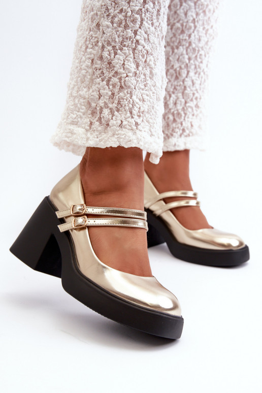 Faux Leather Pumps on Chunky Heel Gold Halmina Faux Leather Pumps on Chunky Heel Gold Halmina