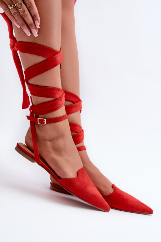 Lace-up ballerina flats in red faux suede with pointed toes Ellesara