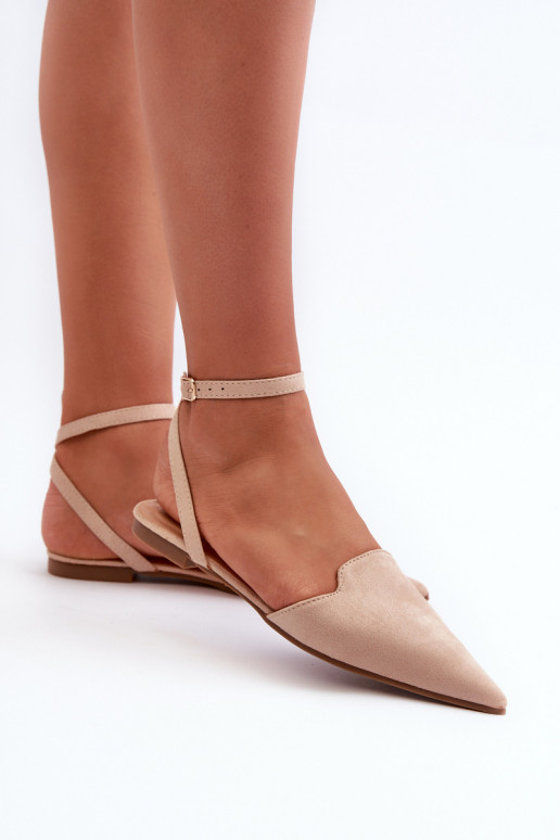 Lace-up Ballerina Flats in Beige Faux Suede with Pointed Toes Ellesara