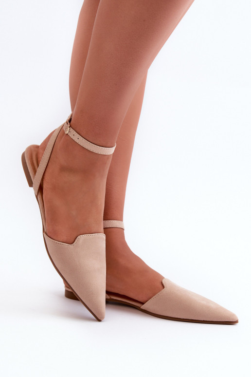 Lace-up Ballerina Flats in Beige Faux Suede with Pointed Toes Ellesara
