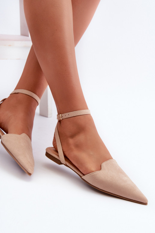 Lace-up Ballerina Flats in Beige Faux Suede with Pointed Toes Ellesara