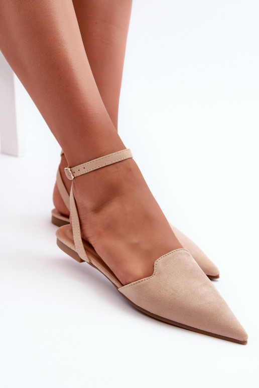 Lace-up Ballerina Flats in Beige Faux Suede with Pointed Toes Ellesara