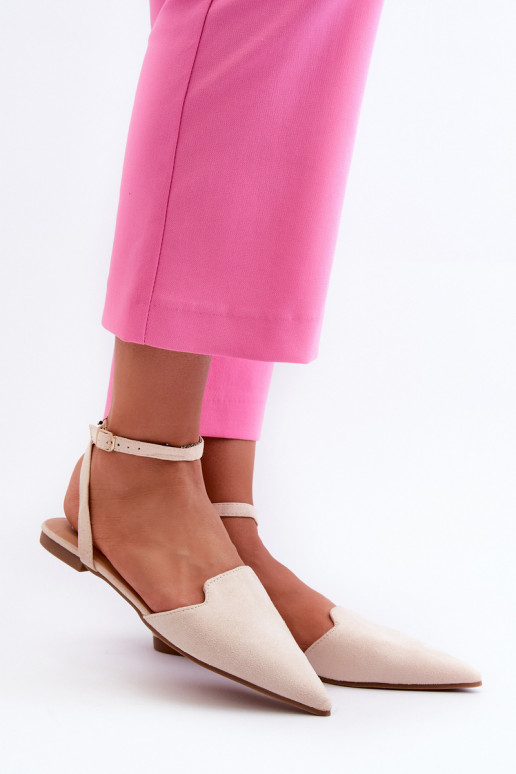 Lace-up Ballerina Flats in Faux Suede with Pointed Toes Beige Ellesara