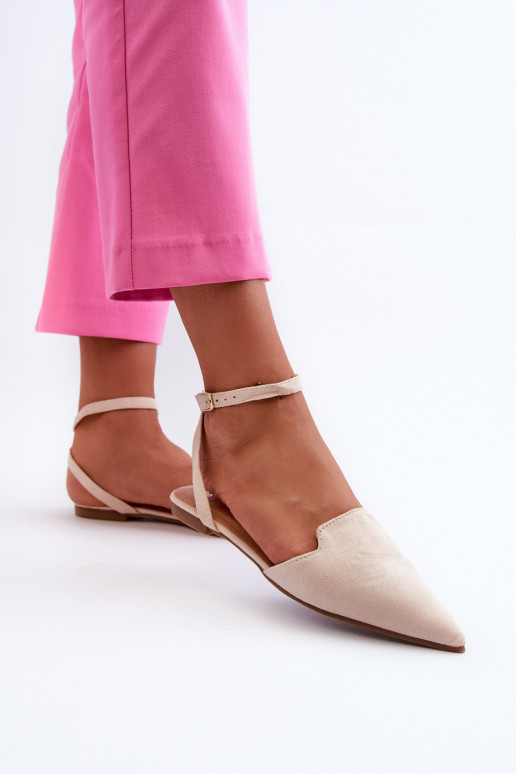 Lace-up Ballerina Flats in Faux Suede with Pointed Toes Beige Ellesara