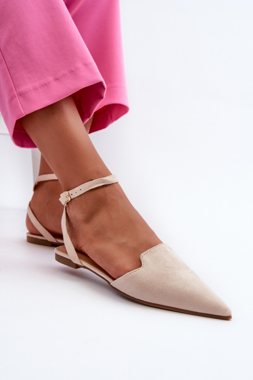 Lace-up Ballerina Flats in Faux Suede with Pointed Toes Beige Ellesara