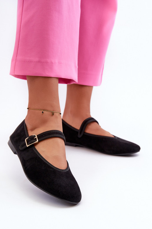 Black Eco-Suede Ballerina Flats with Buckle Anlofi