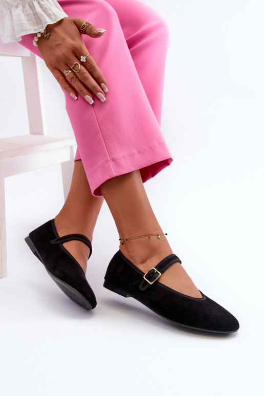 Black Eco-Suede Ballerina Flats with Buckle Anlofi