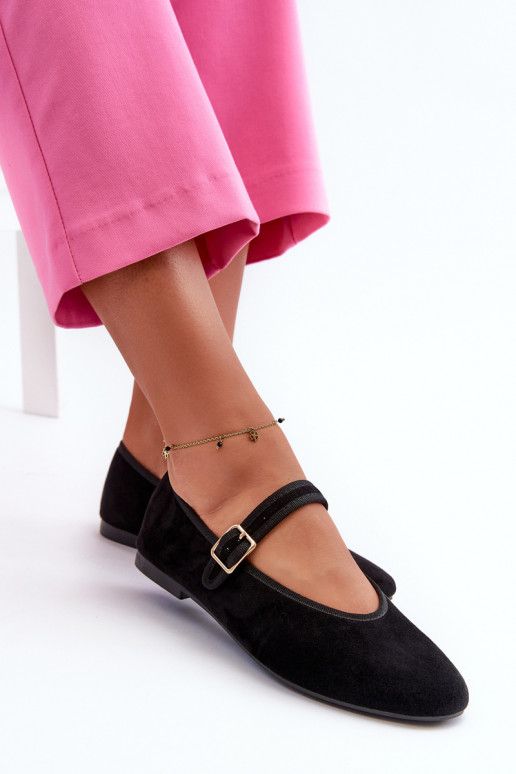 Black Eco-Suede Ballerina Flats with Buckle Anlofi
