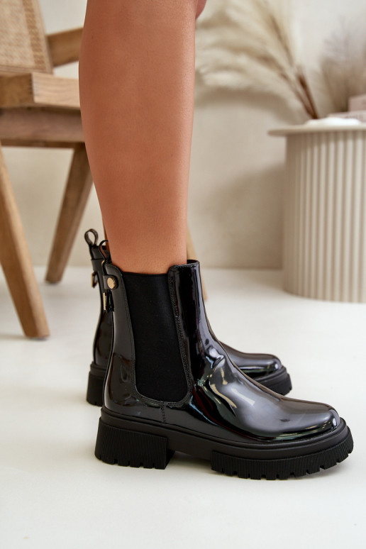 Black Zip-Up Glossy Ankle Boots Groesta