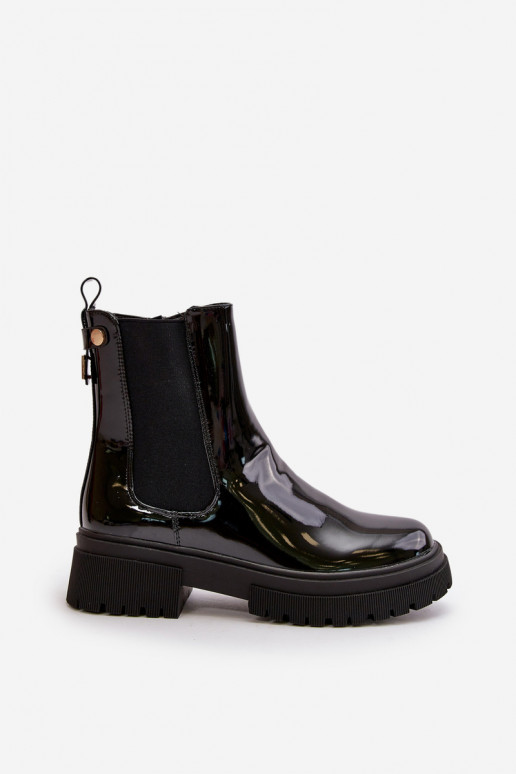 Black Zip-Up Glossy Ankle Boots Groesta
