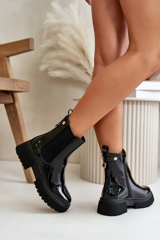 Black Zip-Up Glossy Ankle Boots Groesta