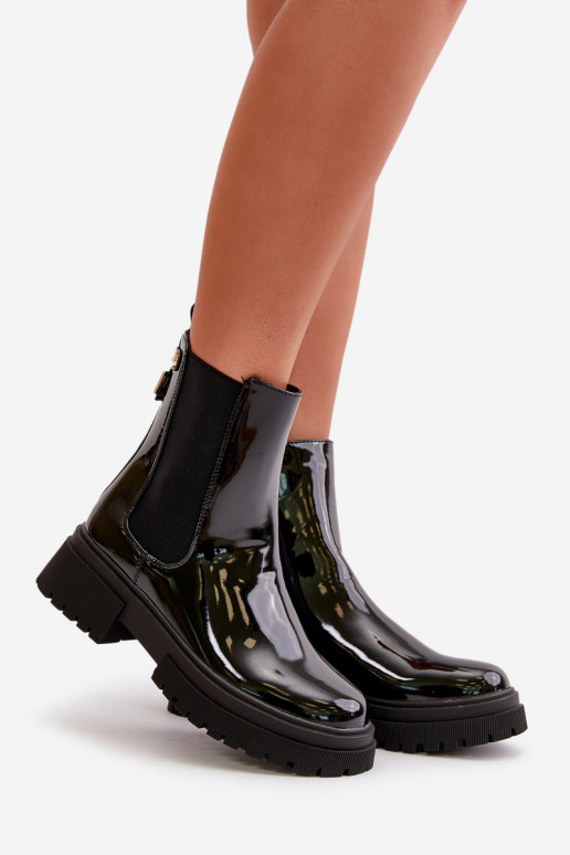 Black Zip-Up Glossy Ankle Boots Groesta