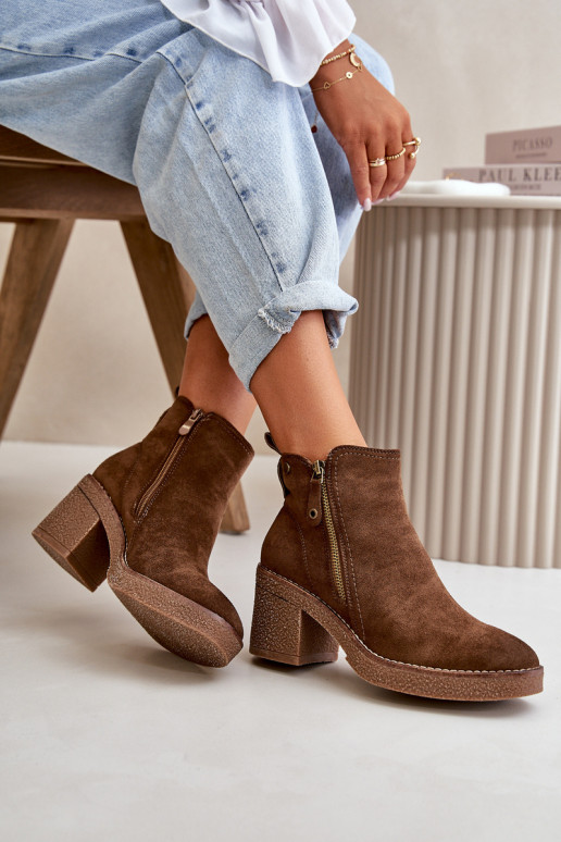 Lined Women's Boots with Block Heel in Faux Suede Dark Brown Velarilla