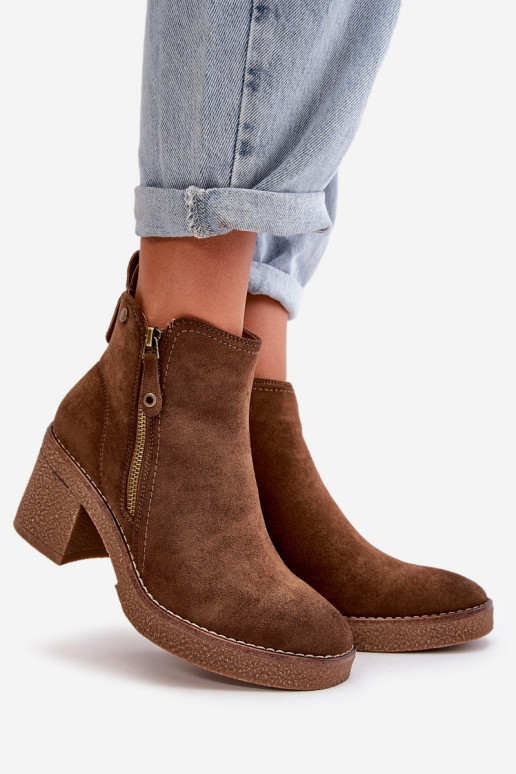 Lined Women's Boots with Block Heel in Faux Suede Dark Brown Velarilla