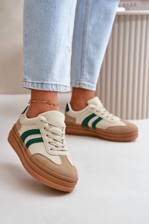 Sneakersy Damskie Na Platformie Beżowo-Zielone Nesonice