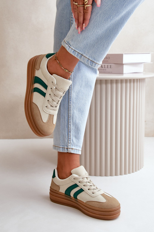 Sneakersy Damskie Na Platformie Beżowo-Zielone Nesonice