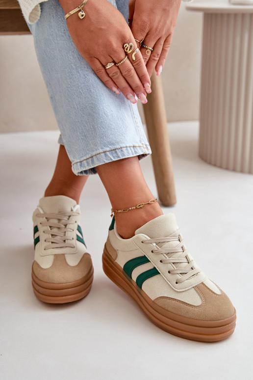 Sneakersy Damskie Na Platformie Beżowo-Zielone Nesonice