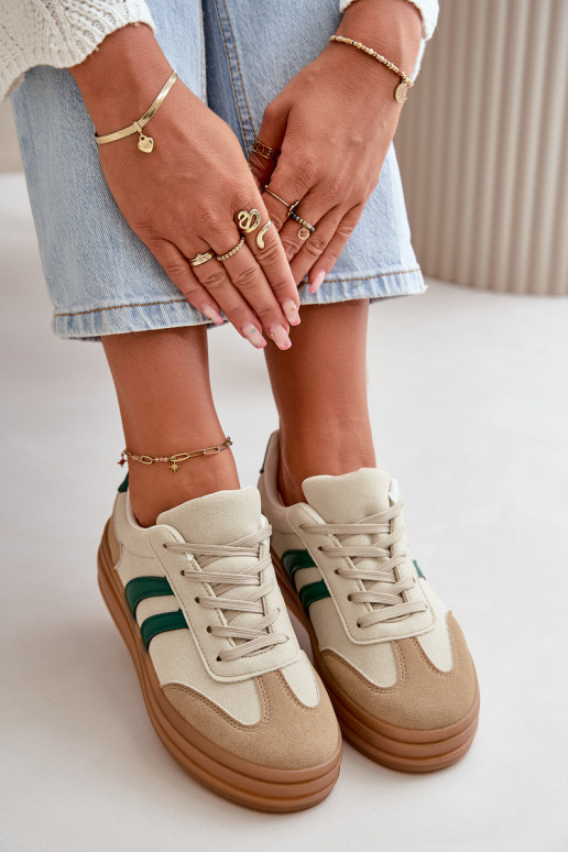 Sneakersy Damskie Na Platformie Beżowo-Zielone Nesonice