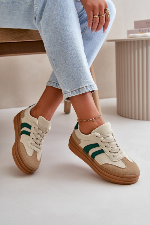 Sneakersy Damskie Na Platformie Beżowo-Zielone Nesonice