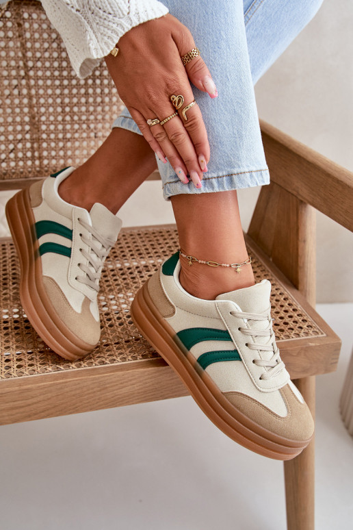 Sneakersy Damskie Na Platformie Beżowo-Zielone Nesonice