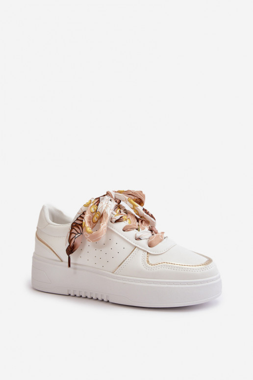 Sneakersy Damskie Na Platformie Z Ozdobnym Sznurowaniem Białe Mistra
