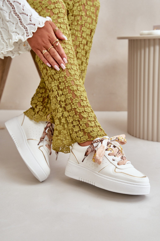 Women's Platform Sneakers With Decorative Lacing White Mistra Women's Platform Sneakers With Decorative Lacing White Mistra