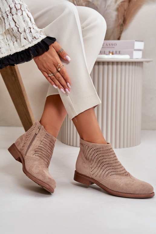 Women's Flat Heeled Perforated Boots Beige S.Barski HY42-076