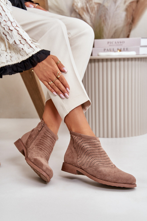 Women's Ankle Boots With Flat Heel Perforated Brown S.Barski HY42-076