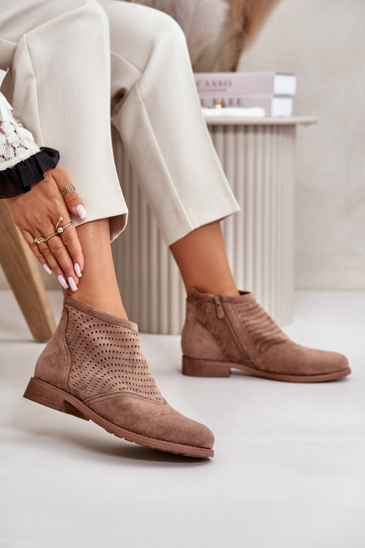 Women's Ankle Boots With Flat Heel Perforated Brown S.Barski HY42-076