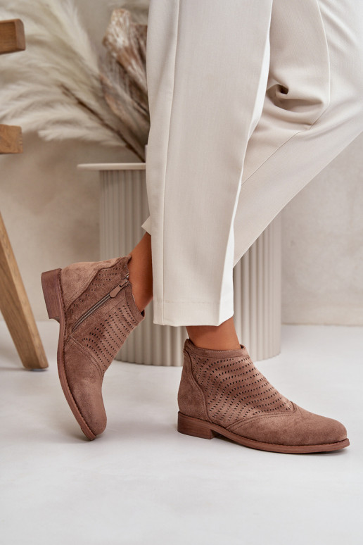 Women's Ankle Boots With Flat Heel Perforated Brown S.Barski HY42-076