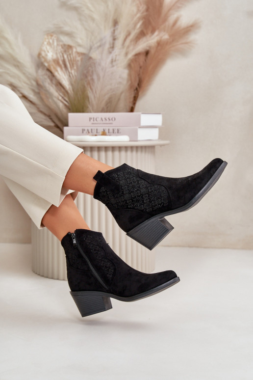 Perforated Cowboy Ankle Boots With Zipper Eco Suede Black S.Barski HY42-944 Perforated Cowboy Ankle Boots With Zipper Eco Suede Black S.Barski HY42-944