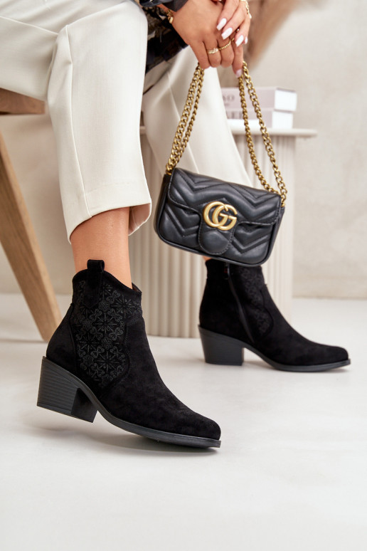 Perforated Cowboy Ankle Boots With Zipper Eco Suede Black S.Barski HY42-944 Perforated Cowboy Ankle Boots With Zipper Eco Suede Black S.Barski HY42-944