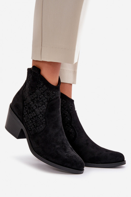 Perforated Cowboy Ankle Boots With Zipper Eco Suede Black S.Barski HY42-944 Perforated Cowboy Ankle Boots With Zipper Eco Suede Black S.Barski HY42-944