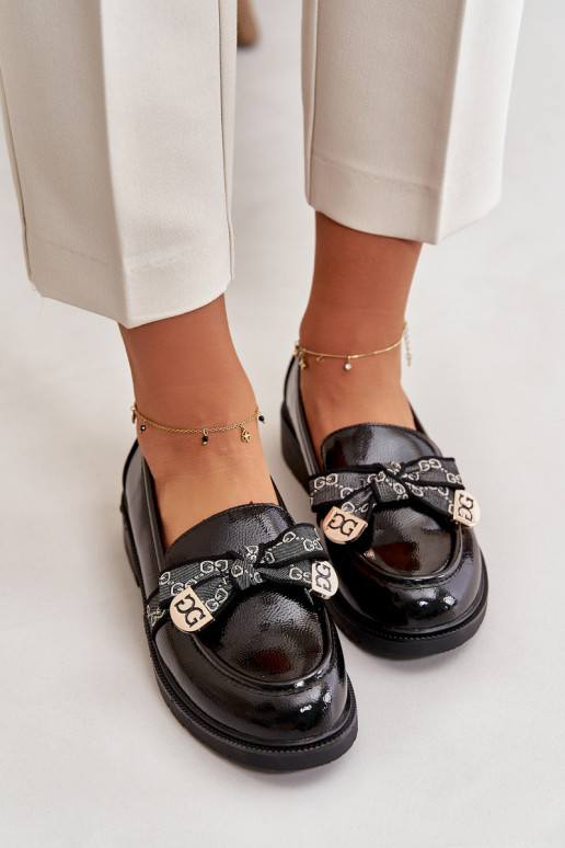 Patent Ladies Moccasins With Bow Black S.Barski HY42-331A Patent Ladies Moccasins With Bow Black S.Barski HY42-331A
