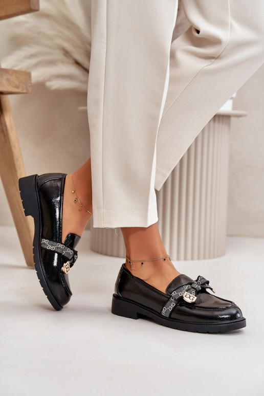 Patent Ladies Moccasins With Bow Black S.Barski HY42-331A Patent Ladies Moccasins With Bow Black S.Barski HY42-331A