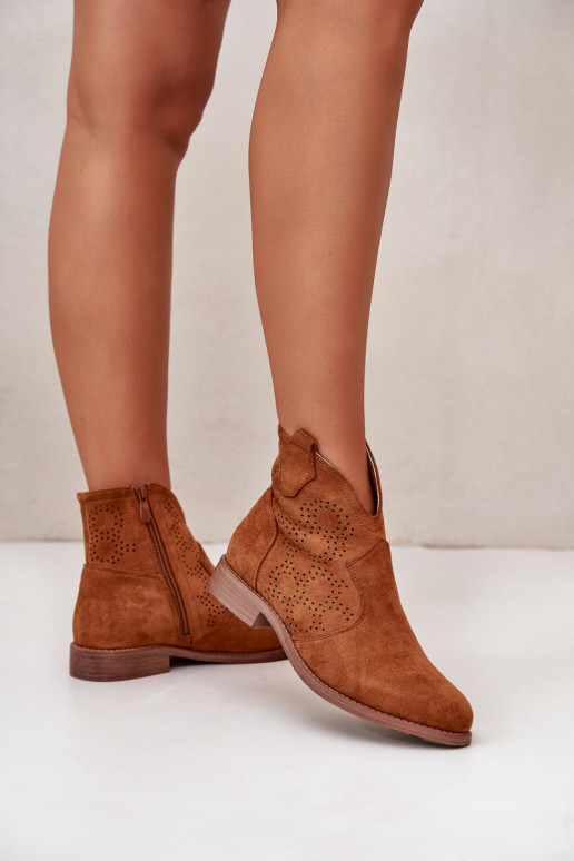 Ladies Cutout Ankle Boots On Flat Heel Camel S.Barski HY42-151