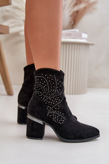 Embellished Perforated Women's Heeled Boots Made Of Eco Suede Black S.Barski HY42-029 2