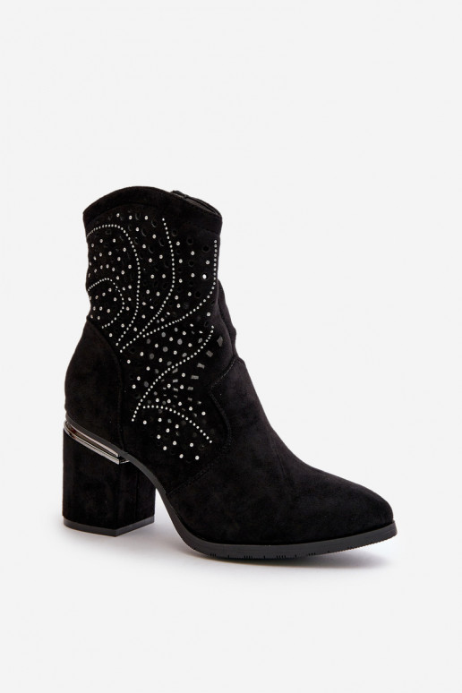 Embellished Perforated Women's Heeled Boots Made Of Eco Suede Black S.Barski HY42-029