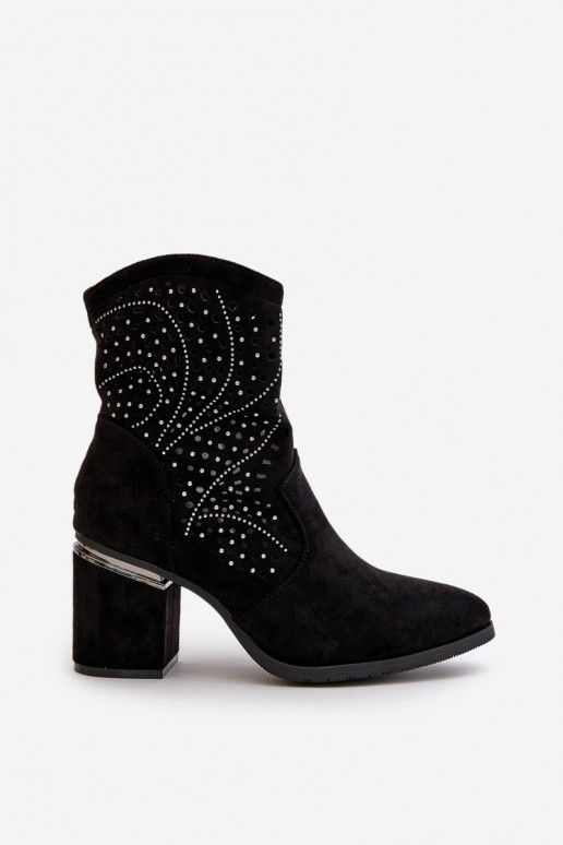 Embellished Perforated Women's Heeled Boots Made Of Eco Suede Black S.Barski HY42-029