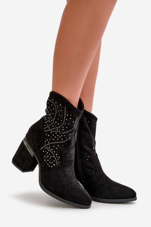Embellished Perforated Women's Heeled Boots Made Of Eco Suede Black S.Barski HY42-029