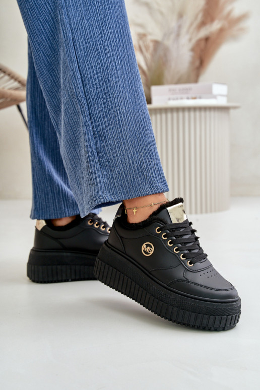 Sneakersy Buty Sportowe Damskie Ocieplane Na Masywnej Podeszwie Czarne Ardiela