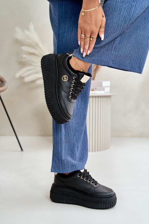 Sneakersy Buty Sportowe Damskie Ocieplane Na Masywnej Podeszwie Czarne Ardiela