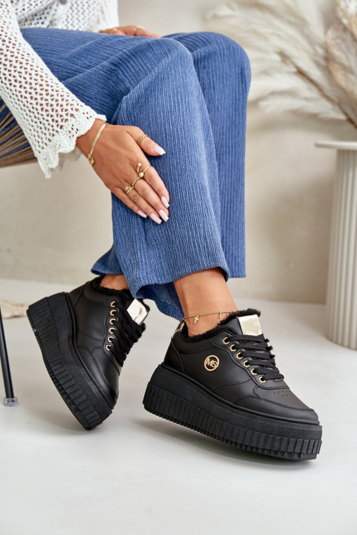 Sneakersy Buty Sportowe Damskie Ocieplane Na Masywnej Podeszwie Czarne Ardiela