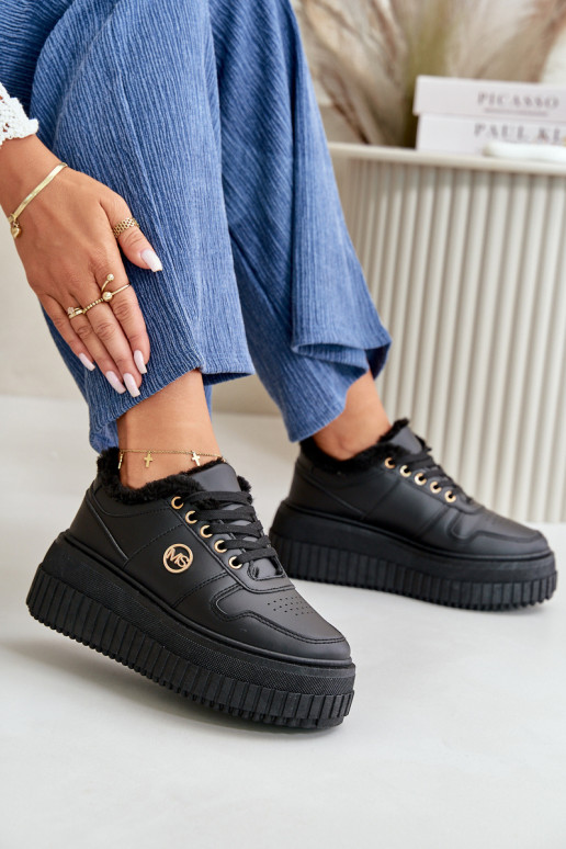 Sneakersy Buty Sportowe Damskie Ocieplane Na Masywnej Podeszwie Czarne Verissha