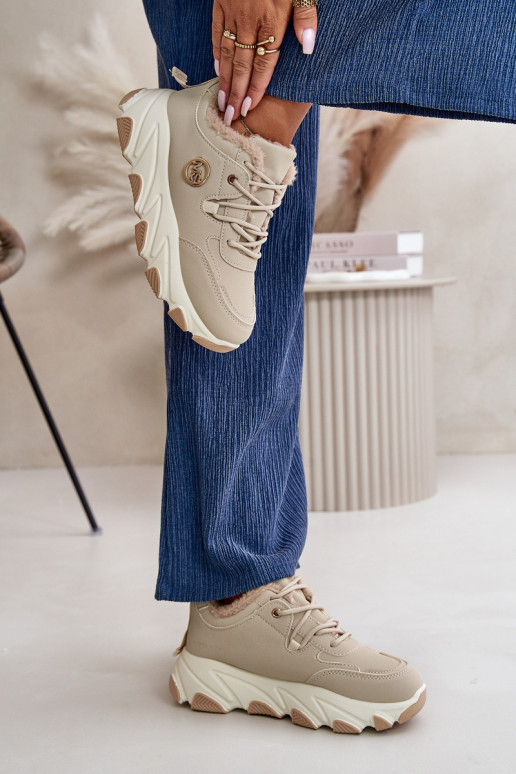 Ocieplane Buty Sportowe Damskie Sznurowane Na Platformie Beżowe Bialoa