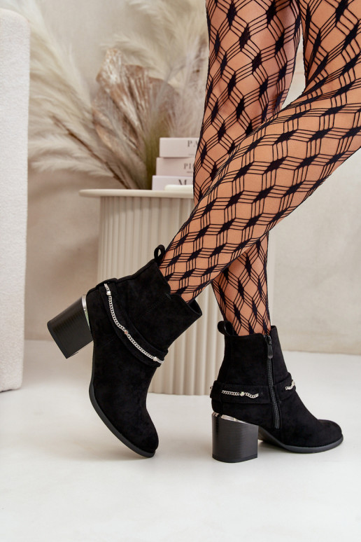 Warm Women's Ankle Boots On Heel With Chain Eco Suede Black Hanalen